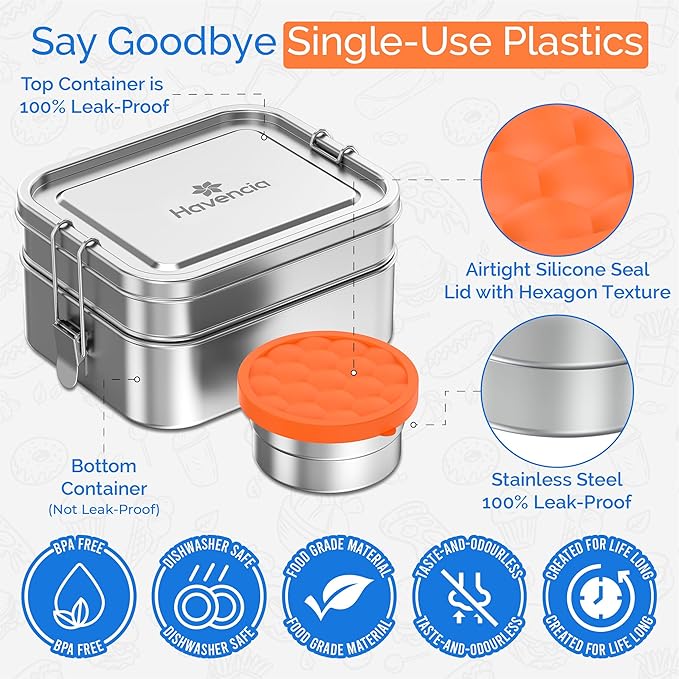 Stackable Stainless Steel Lunch Box With Snack Box 1400ml - Bento Box for Kids & Adults, Lunchable Food Container, Eco-Friendly Metal for School, Work & Travel
