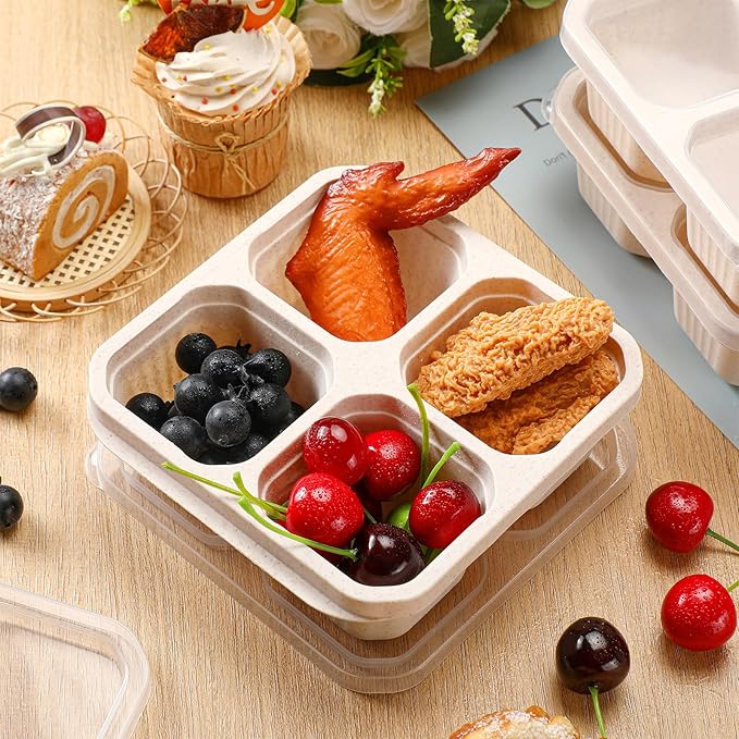 12 Pcs 4 Divided Compartments Snack Containers Bento Wheat Straw Snack Box with Lid Reusable Meal Prep Lunch Box Food Storage Containers for Adults Travel Work(Beige)