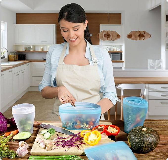 Reusable Silicone Food Storage Bag, Set of 6 White Stand Up Food Storage Container, Reusable Zipper seal bag, no lid required, for Food Storage& Meal Prep, Freezer Oven Dishwasher - Safe