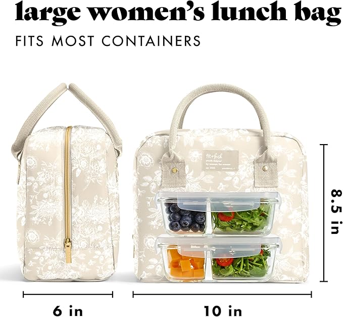 Fit & Fresh Lunch Bag For Women, Insulated Womens Lunch Bag For Work, Leak Resistant & Stain-Resistant Large Lunch Box For Women With Containers, Zipper Closure Bloomington Bag, Tan Toile