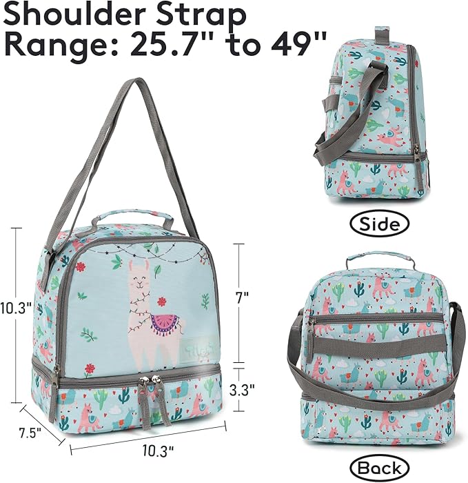 Tilami Lunch Bags Insulated Adjustable Strap Zipper, Two Compartments Cooler Bags, Bento Bags for Kids Toddlers, Blue Alpaca