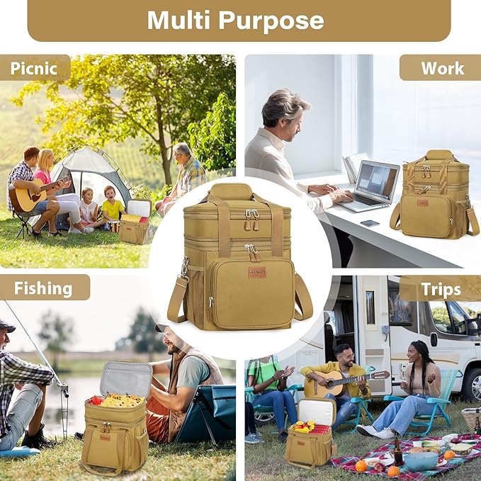 GLENKEY Expandable Large Lunch Box, Insulated Heavy Duty Lunch Bag Waterproof Leakproof Durable Cooler Bag for Men Women Adults Work Construction Camping Trip, 16L, Brown