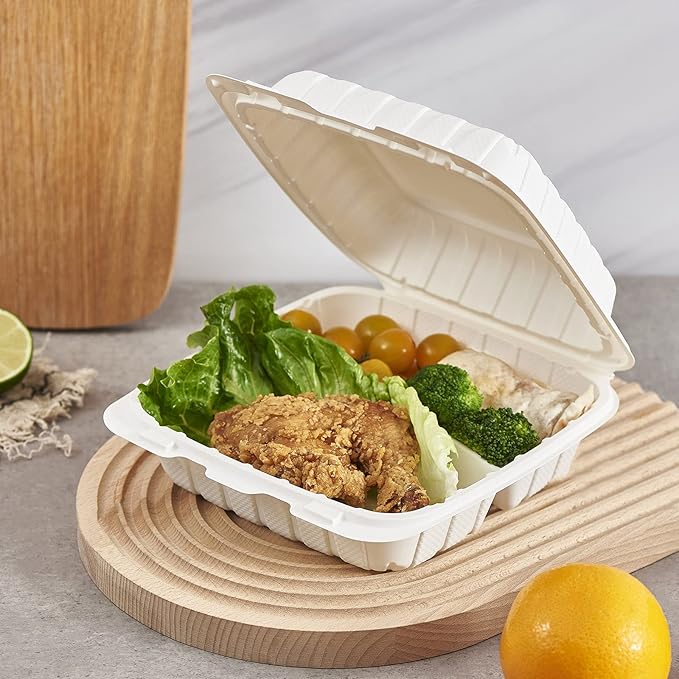 8X8 3Compartment 50Pack Plastic Clamshell Take Out Food Containers, Heavy Duty To-go Disposable Lunch Box Restaurant Meal Prep Packaging Catering Hinged Container (Formerly FULING)