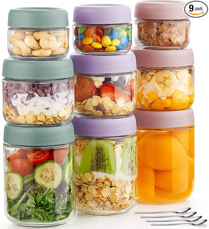 9 Pack Overnight Oats Containers with Lids, Large & Small Glass Mason Jars 16oz & 10oz & 4oz, Glass jars with Airtight Lids, Salad Meal Prep Jars for Food Storage, Overnight Oats Jars for Milk, Fruit