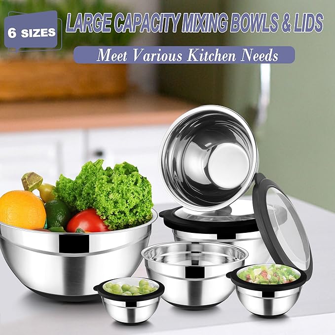 TeamFar Mixing Bowls with Lids Set of 6, Stainless Steel Metal Salad Bowls with Non-Slip Bottom, For Mixing Serving Prepping, Healthy & Heavy Duty, Black,4.6/3.5/2/1.5/1/0.7 QT