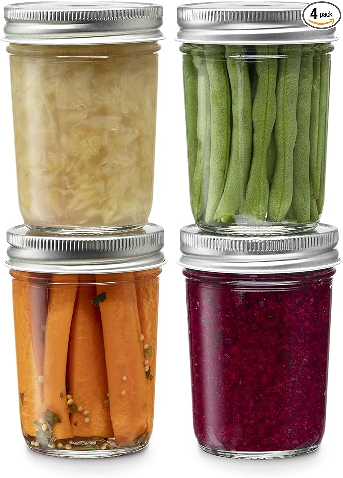 Paksh Novelty Glass Regular Mouth Mason Jars, 8-Ounce with Silver Metal Airtight Lids for Meal Prep, Food Storage, Canning, Drinking, Overnight Oats, Jelly, Dry Food, Spices, Salads, Yogurt (4 Pack)
