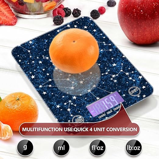 Food Scale Kitchen Digital Scale Food Ounces and Grams Dieting Baking Cooking Waterproof Glass Panels LCD Display,4 Units Scale Tare Function Constellation Dark Blue