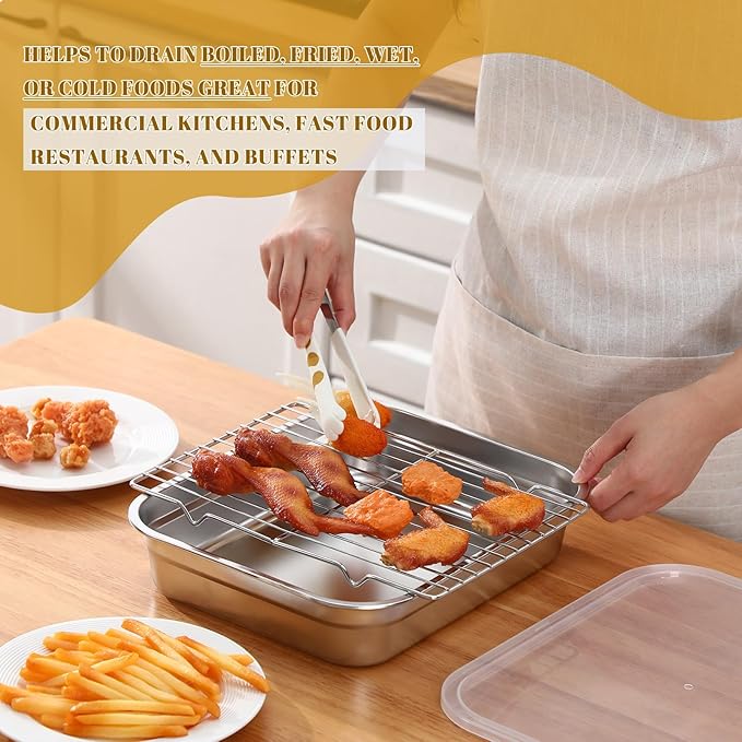 Stainless Steel Food Prep Container with Clear Lid and Rack Half Size Hotel Pans Steel Tray with Lid Fruit Storage Containers for Home Kitchen Restaurant Hotel, 32 x 26 cm(2.6 Inch)