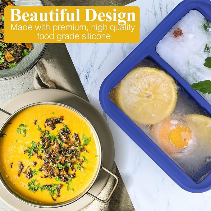 2 Cup Silicone Freezer Tray with Lid - 1 Pack - Make 2 Perfect 2-Cup Portions - Easy Release Molds for Food Storage & Freeze Soup, Broth, Stew or Sauce