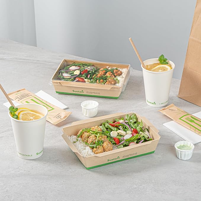 Restaurantware-Sustain 34 Ounce Sturdy Paper Take Out Boxes, 200 Disposable Take Out Food Containers - With PLA lining, Lids Sold Separately, Bamboo Paper Containers, Compostable, Click-Lock Design