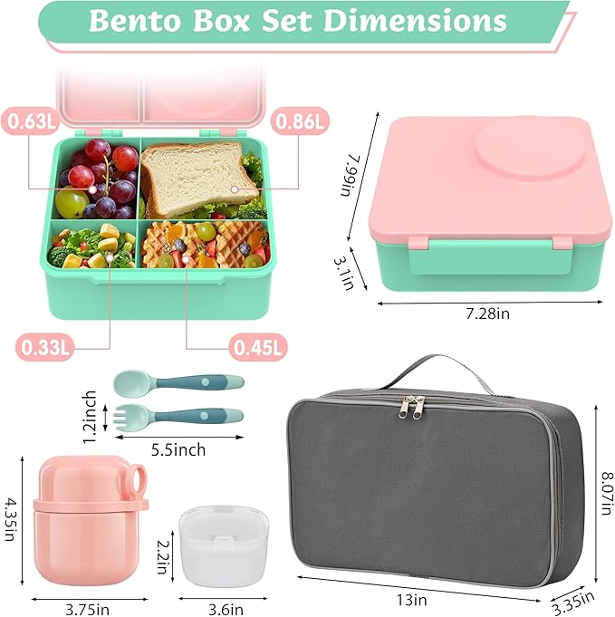 Bento Lunch Box for Kids with 12oz Soup Thermo, Leak-Proof Lunch Containers with 5 Compartments, Insulated Lunch Bag, Thermo Hot Food Jar with Spoon for Kids to School, Travel, Pink