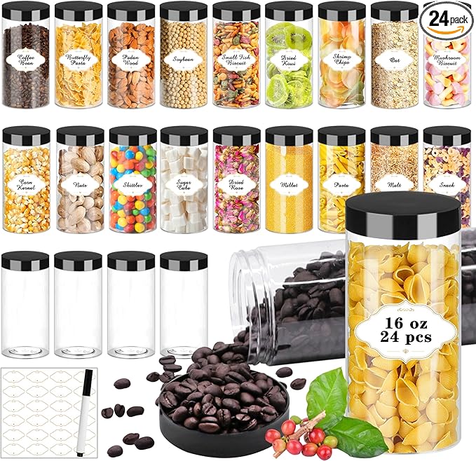Plastic Jars with Lids 16 OZ, Plastic Jars 24 Pcs Slime Containers with Airtight Screw On Lids Leak Proof Clear Storage Containers Jar Empty for Kitchen & Household Food Storage