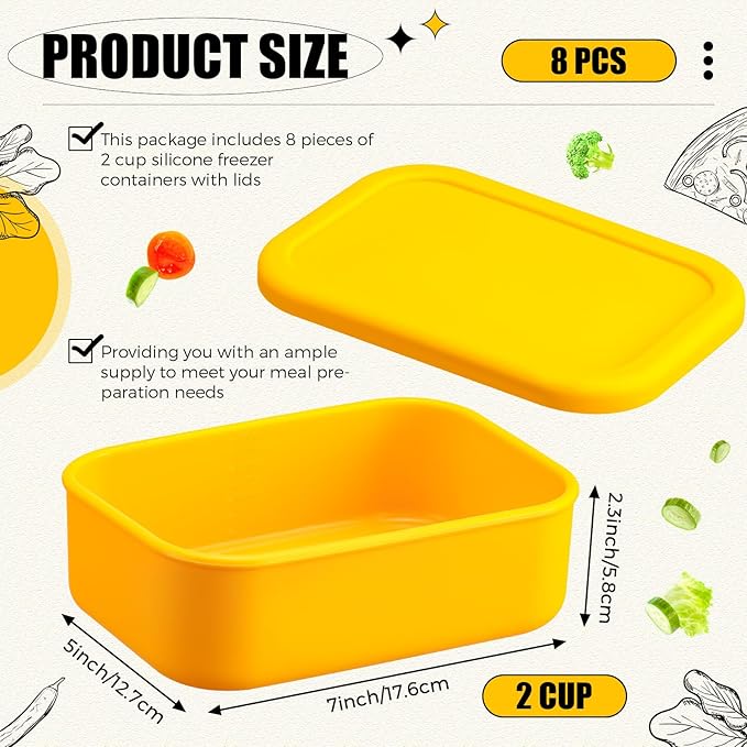 Nuogo 8 Pcs 2 Cup Silicone Freezer Trays with Lid Silicone Soup Freezer Molds Rectangle Soup Containers Reusable Food Preserving Tray Freezing Ice Trays for Soups Sauces Stews(Yellow)
