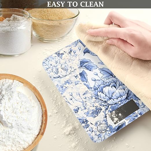 Food Scale Kitchen Digital Scale Food Ounces and Grams Dieting Baking Cooking Waterproof Glass Panels LCD Display,4 Units Scale Tare Function Blue and White