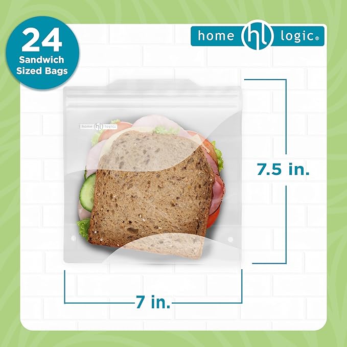 Home Logic Reusable Sandwich Bags – Leak Proof Food Storage for Snacks & More – 24 Bags, 7 Inch Width