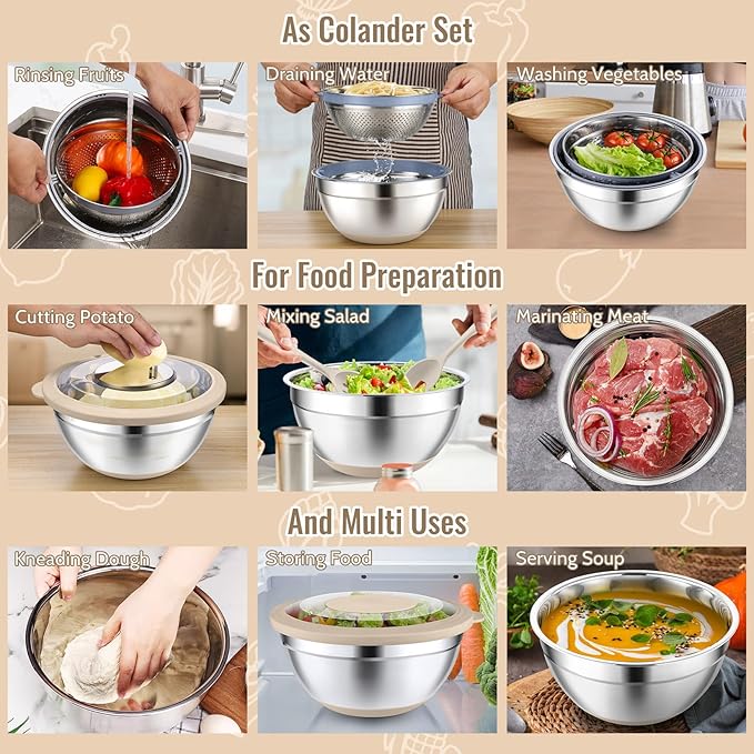 P&P CHEF 4-In-1 Stainless Steel Colander with Bowl Set, Rotatable Strainers for Kitchen, Fruit Cleaner, Washing Fruit & Draining Pasta, Mixing Bowl and Lid with Grater for Salad, Khaki