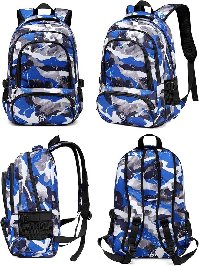 BLUEFAIRY Boys Backpack with Lunch Box for Kids Elementary Middle School Bags Set Child Book Bags Back to School Gifts Mochila Escolar para Niños Adolescentes Camo Blue