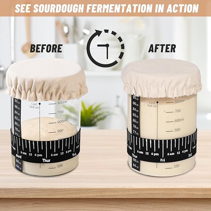 Pro Sourdough Starter Jar Kit- 35 Oz Large Sourdough Starter Glass Jar with Date Marked Feeding Band,Thermometer,Spatula,Cloth Cover& Lid for Sour Dough Bread Loaf