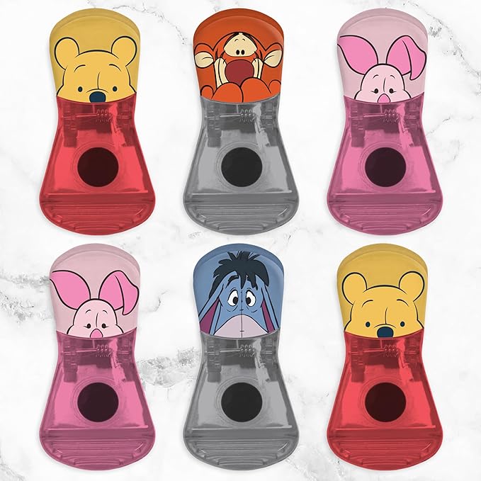 Disney Magnetic Chip Clips – Set of 6 Bag Clips for Food Storage - Mickey, Minnie, Lilo & Stitch, Winnie The Pooh – Durable Airtight Bag Chip Clips for Pantry & Fridge Use