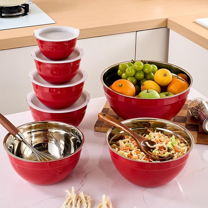Red Mixing Bowls with Airtight Lids, Stainless Steel Nesting Mixing Bowls Set of 7, Ideal for Baking, Prepping and Serving Food, Size 7, 3.6, 2.7, 2.1, 1.5, 1.1,0.8 QT, Stackable Design