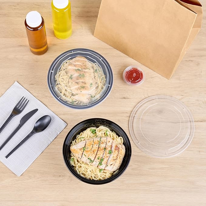 Restaurantware Asporto 32 Ounce To Go Boxes 100 Microwavable Take Out Food Containers - Clear Plastic Lids Included Do Not Contain BPA Black Plastic Catering Food Containers Disposable Round