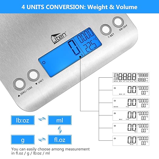 Digital Kitchen Scale Ultra Slim Multifunction Stainless Steel Hook Design Food Scale 11lb 5kg with Back-Lit LCD Display Fingerprint Resistant Coating