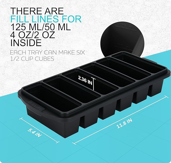 1/2 Cup Silicone Freezer Tray With Lid - Silicone Freezer Molds 2-Pack For meal prep & freezing of various sauces and other dishes, makes 12 perfect 1/2 cup portions cubes,oven and dishwasher safe