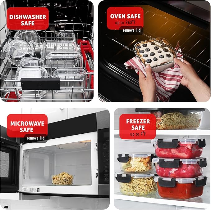 Eatex 32pc Glass Food Storage Containers with Lids, Airtight Glass Meal Prep Containers, 16 Reusable Glass Food Containers with 16 Leakproof Snap Lock Lids Oven Microwave Freezer Safe Lunch Containers