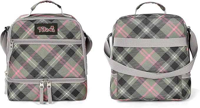 Tilami Lunch Bags Insulated Adjustable Strap Zipper, Water-Resistant Cooler Bags, Bento Bags for Kids Toddlers, Pink Plaid