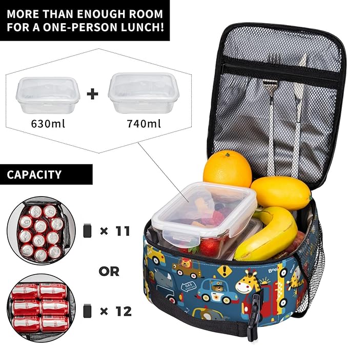 Insulated Lunch Box for Toddler Boys Kids Cars Lunch Box for Work,Picnic,School,Travel,Hiking,Beach or Fishing Polyester Funny Animal Driver Cars Theme Lunch Bag