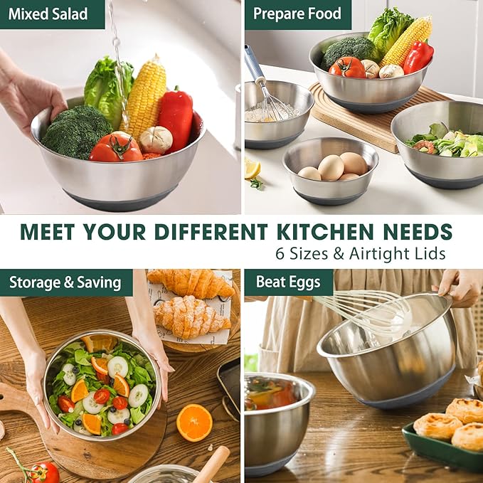 Umite Chef Mixing Bowls with Airtight Lids,6 piece Stainless Steel Metal Nesting Storage Bowls, Non-Slip Bottoms Size 7, 3.5, 2.5, 2.0,1.5, 1QT, Great for Mixing & Serving(Grey)