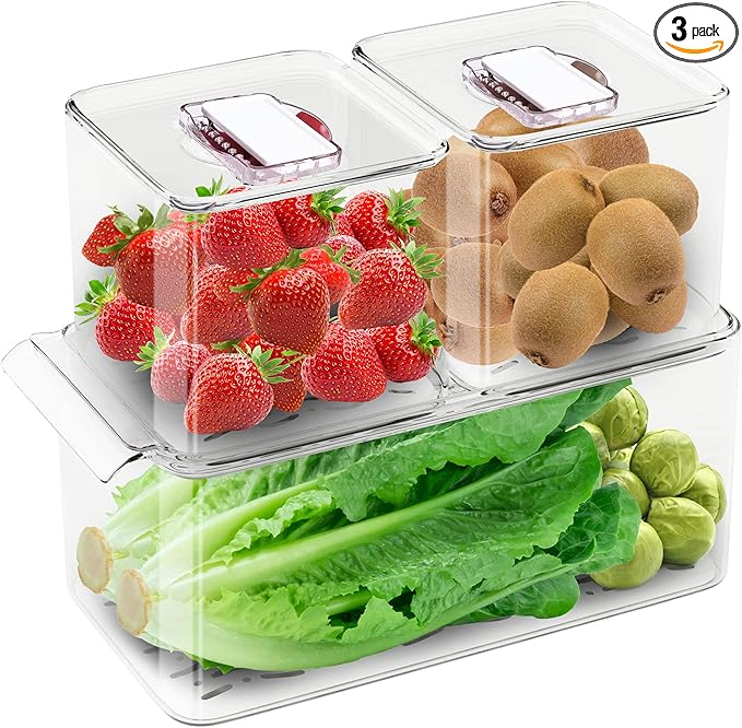 Produce Saver Containers for Refrigerator, Food Fruit Vegetables storage, 3 Pcs Stackable Freezer Fridge Organizer, Fresh Keeper Drawer Bin Basket with Vented Lids & Removable Drain Tray