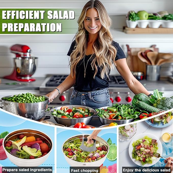 Salad Chopper Bowl - Stainless Steel Salad Chopping Bowl, Salad Chopper Bowl and Cutter with Lid, Chef Grade Salad Chopper Blade and Bowl, Mezzaluna Mincing Knife, Super-fast Salad Prep