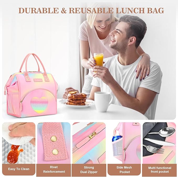 LOKASS Lunch Bag Insulated Lunch Box Wide-Open Lunch Tote Bag Large Drinks Holder Durable Thermal Snacks Organizer for Women Adults Work Picnic Hiking Beach,Heart Colorful