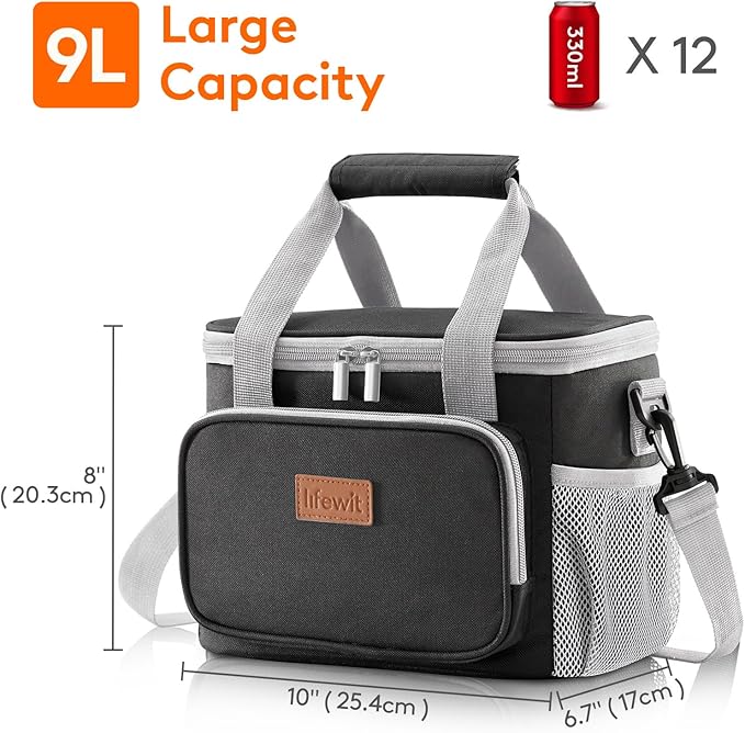 Lifewit Large Lunch Bag Insulated Lunch Box Soft Cooler Cooling Tote for Adult Men Women, Gray and Black 12-Can (9L)