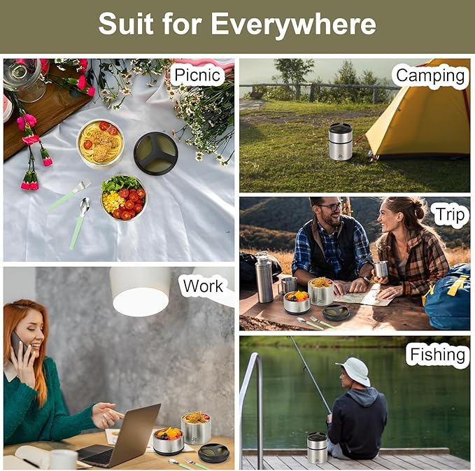 Lille Home 1500ml Thermos Food Flask, Vacuum Insulated Stackable Stainless Steel Thermal Lunch/Snack Box, 2-Tier Bento/Food Container with Lunch Bag