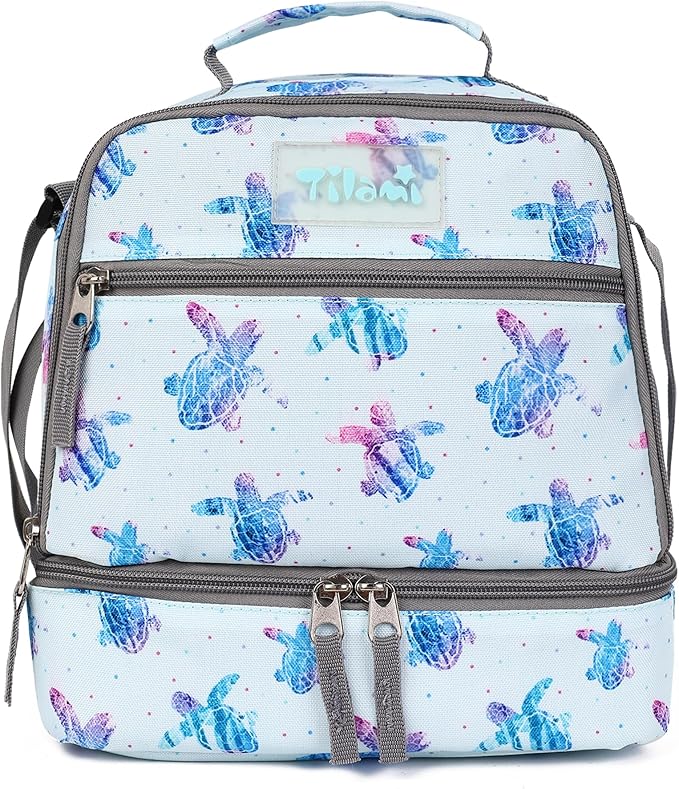 Tilami Lunch Bags Insulated Adjustable Strap Zipper, Water-Resistant Cooler Bags, Bento Bags for Kids Toddlers, Turtle Blue
