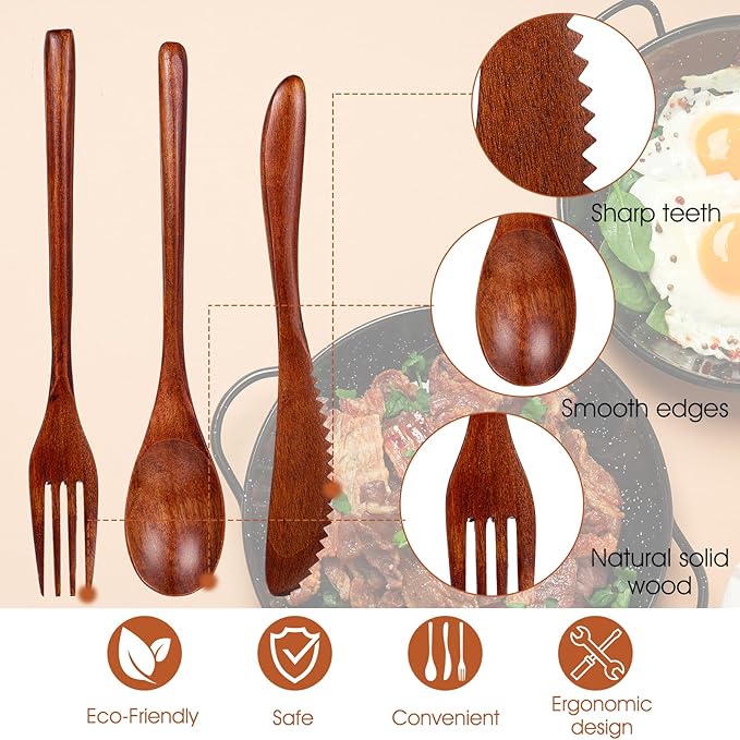 Molain Wooden Utensils for Eating - 18 Pcs Wooden Cutlery Set, Spoon Fork Knife Flatware Dinner Tableware Set, Eco-Friendly Wood Utensils for Kitchen and Travel