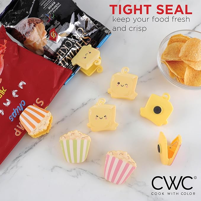 COOK WITH COLOR Cute & Funny Snack Clips - Magnetic Kitchen & Food Clips - Airtight Seal for Food Storage, Popcorn, Pack of 8
