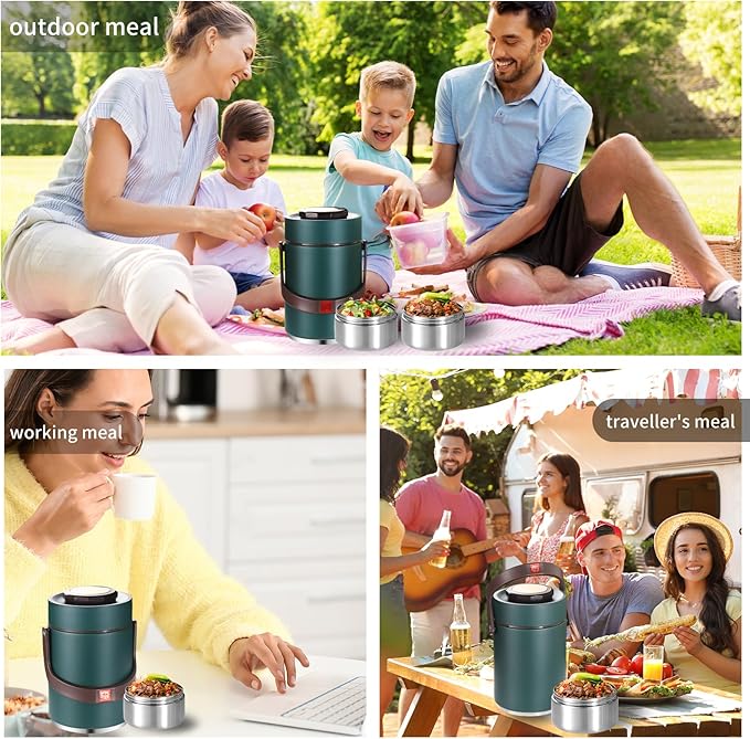 67 Oz Adults Stainless Steel Vacuum Soup Thermos For Hot Food with Inserts Stackable Bento Box and Lunch Bag,Width Mouth Portable Nsulated Food Jar Lunch Container (green, 67 oz)