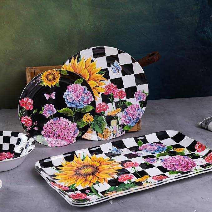 LEHAHA Melamine Large Serving Bowls, Set of 2, Sunflower 13.75" x 2.75" (130 OZ) Pasta and Salad Bowl, Black Plaid Durable for Kitchen, Dishwasher Safe