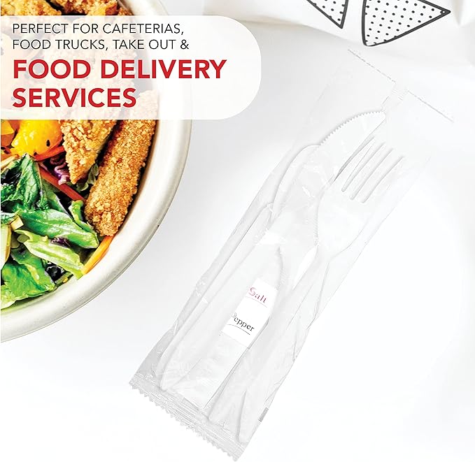 Party Essentials Individually Wrapped Plastic Cutlery Packets/Silverware Kits, White Fork/Spoon/Knife/Napkin/Salt/Pepper, 100 Sets