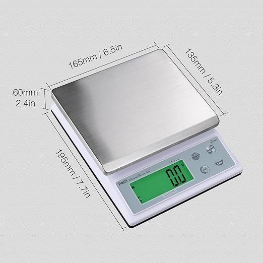 Polit Food Kitchen Scale Sun Lite, 6.6lb/3Kg Digital Scale Gram Ounce 1g/0.04oz to 0.1g/0.004oz Accuracy, Waterproof Stainless Steel with LCD Display, 5 Weight Unit (with Power Adaptor)