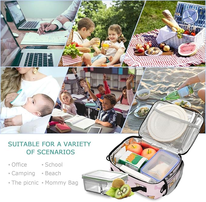 Pfrewn Lunch Box for Kids School Students Cartoon Dog Pastel Pink Insulated Lunch Bag with Shoulder Strap for Office Adults Reusable Cooler Bags Lunch Tote for Girls Boys Teens