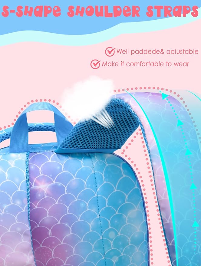 BLUEFAIRY Girls Backpack with Lunch Box Set Mermaid School Bag Set for Kids Elementary Primary School Book Bags Back to School Bookbags for Childs Lightweight Mochila para Niñas Cute Gifts Aged 4-8