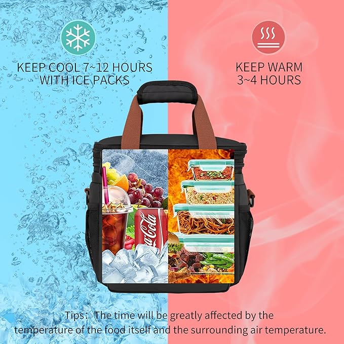 LOKASS Lunch Box for Men,16L Double Deck Expandable Insulated Lunch Bag for Women/Adults Thermal Large Waterproof Leakproof Lunchbox for Work with Shoulder Strap for Work, Camping, Picnic - Black