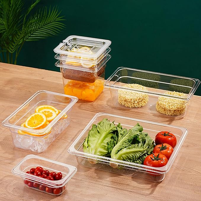 Plastic Food Pan - 1/9 Size 4 Inch Deep Commercial Food Pan - 6 Pack Polycarbonate Plastic Clear Storage Containers - Hotel Pans for Fruits Saland Beans Corns Freezer-Safe
