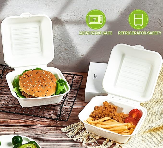 ECOLipak 200 Pack Clamshell Take Out Food Containers, 100% Compostable Disposable To Go Containers,6 * 6 inch To Go Boxes for Salad, Cake,Sandwiches