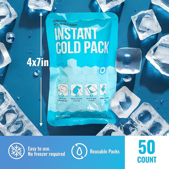 ICEWRAPS 4x7 Instant Cold Pack - Bulk Box of 50 | Cold Compress Instant Ice Pack for Emergency | Disposable Ice Packs for Injuries | Instant Breakable Ice Packs for First Aid and Sports