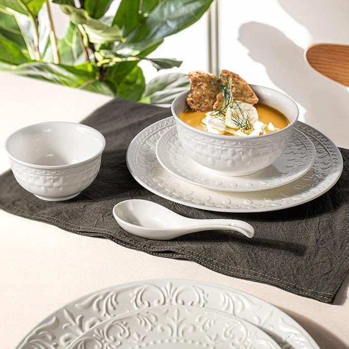 Cereal Bowls Set of 4 - Ceramic Soup Bowls for Kitchen 30 Oz Embossment White Breakfast Bowls for Rice, Pasta, Fruits, Salad, Ramen, 6.25 Inch, Dishwasher & Microwave Safe (Cross Floral)